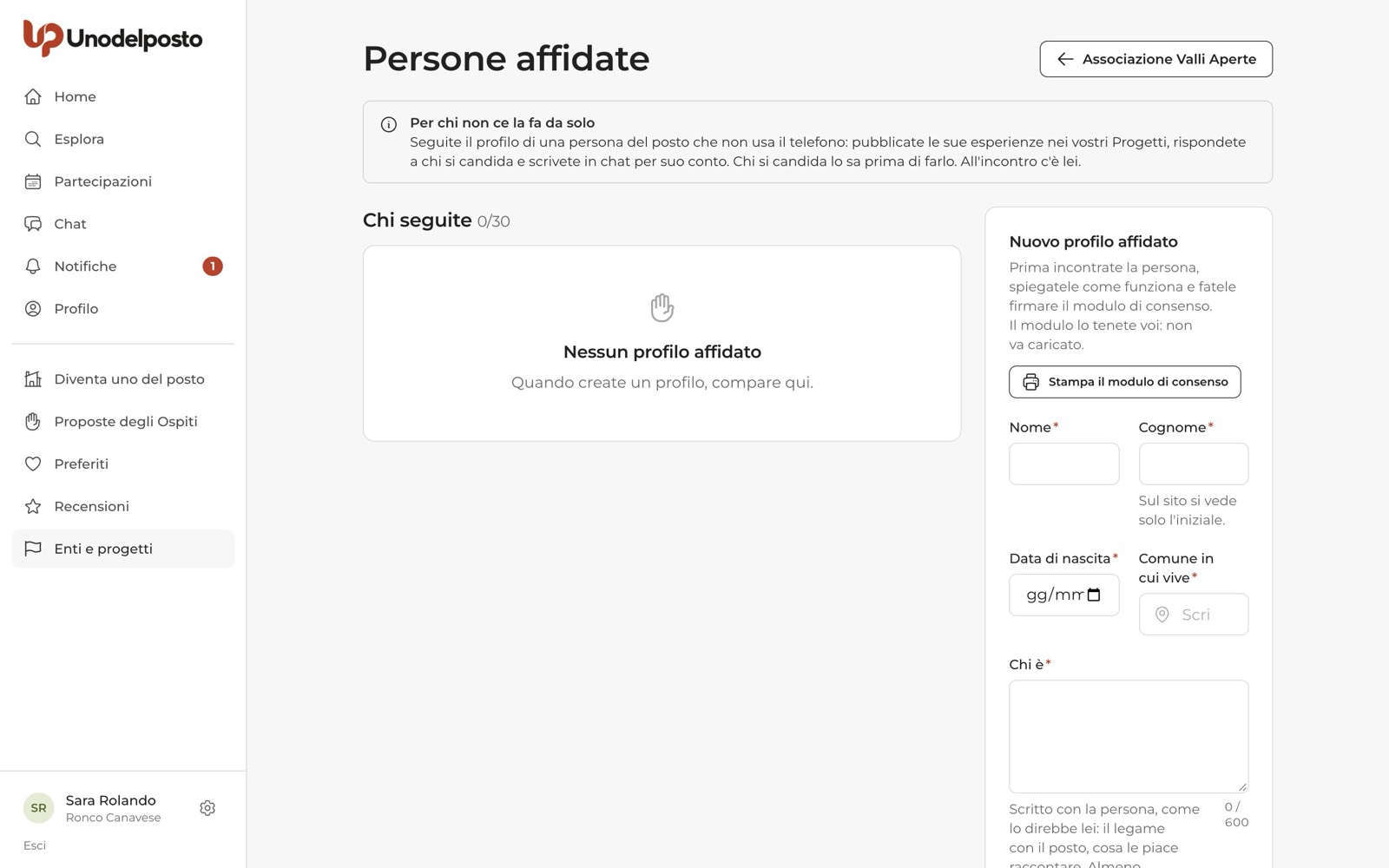 Persone affidate: l'elenco dei profili seguiti e il modulo «Nuovo profilo affidato».