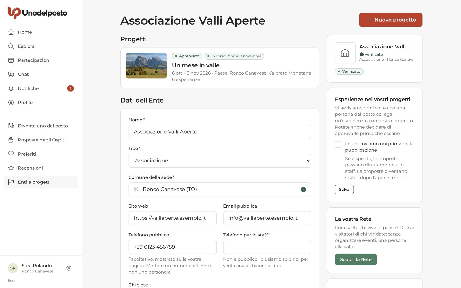 La pagina dell'Ente: Progetti, dati e impostazioni.