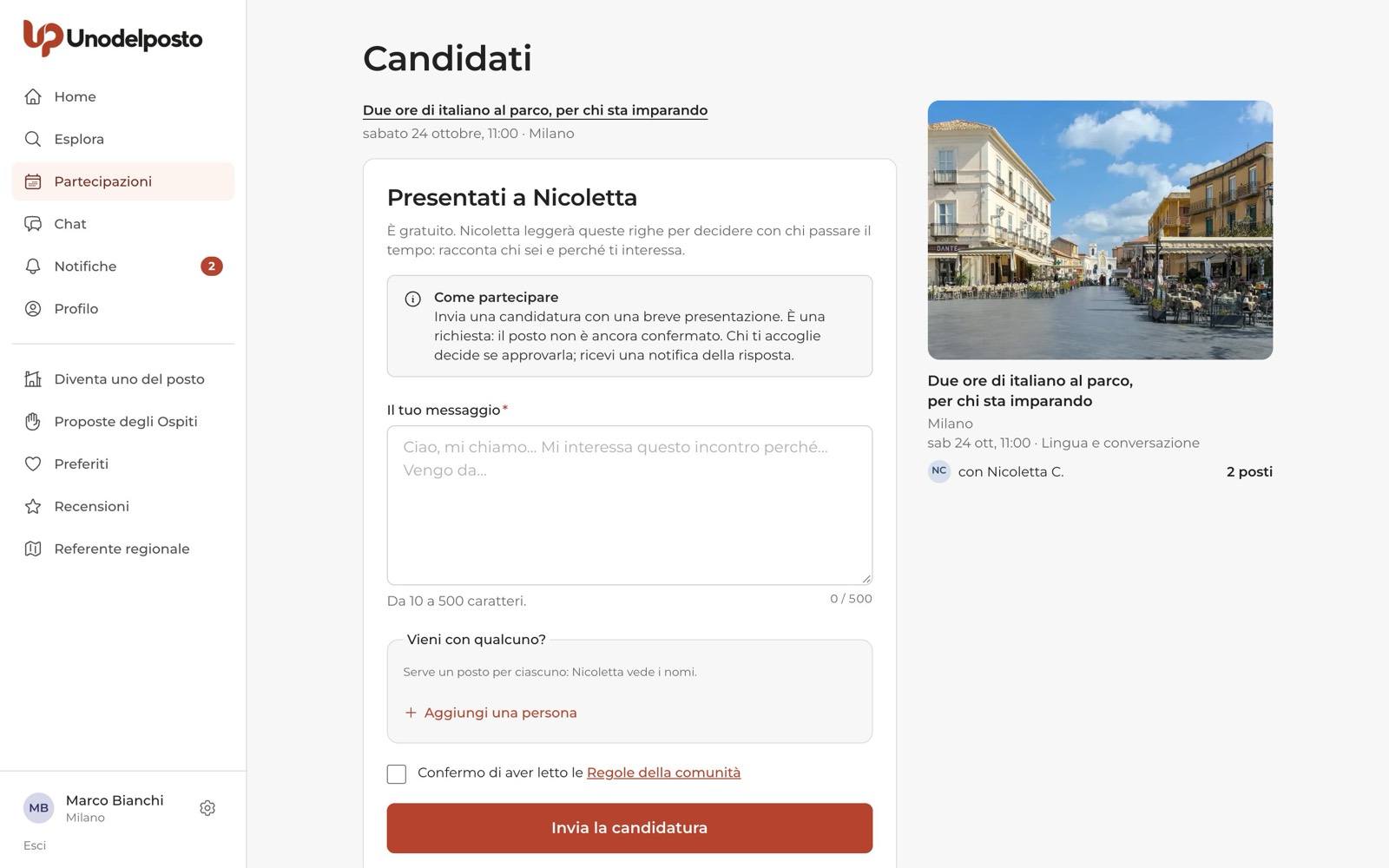 Il modulo di candidatura: il messaggio per chi accoglie, gli eventuali accompagnatori e la conferma delle Regole della comunità.