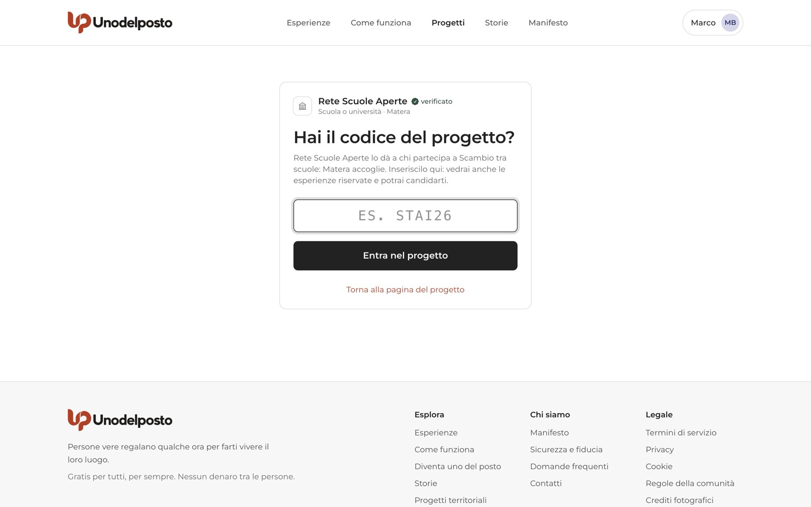 La pagina per inserire il codice del Progetto.