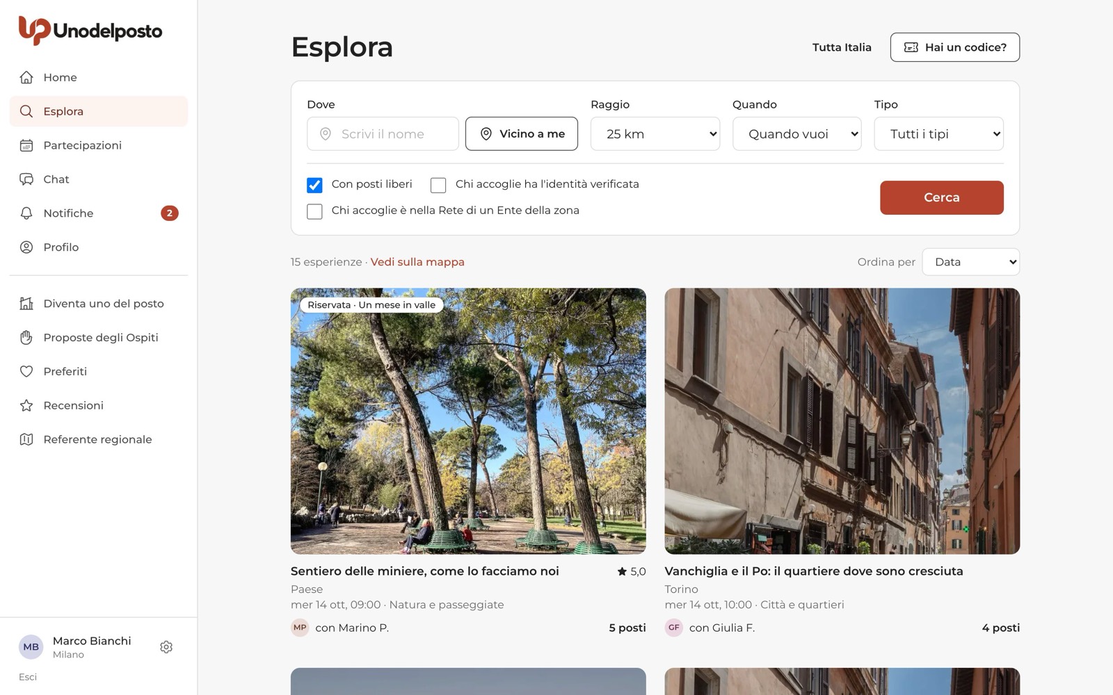 Esplora: filtri, "Vicino a me", "Tutta Italia" e "Hai un codice?".