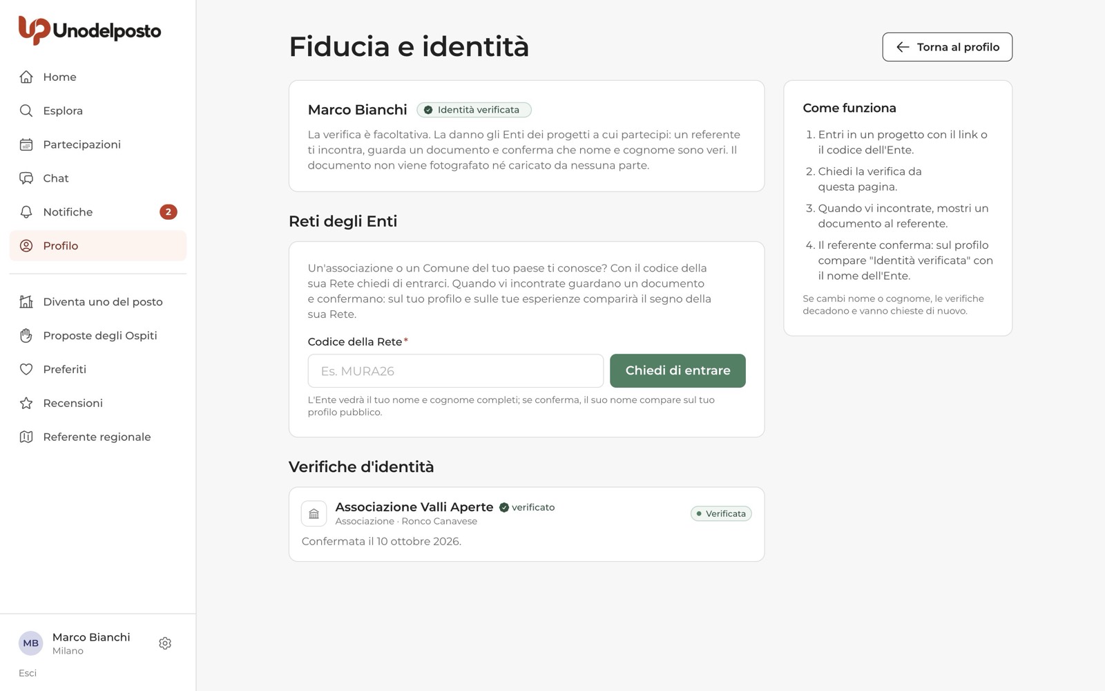 Fiducia e identità: il codice della Rete e lo stato delle tue verifiche.