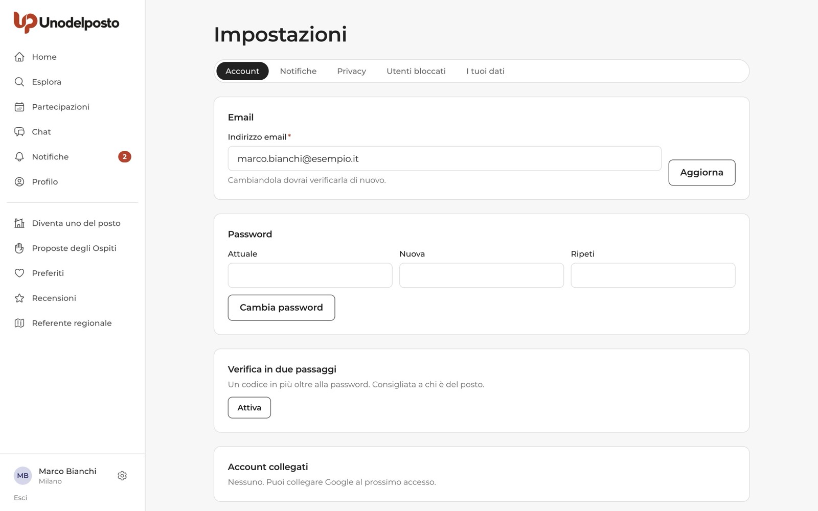 Le schede delle Impostazioni: Account, Notifiche, Privacy, Utenti bloccati, I tuoi dati.