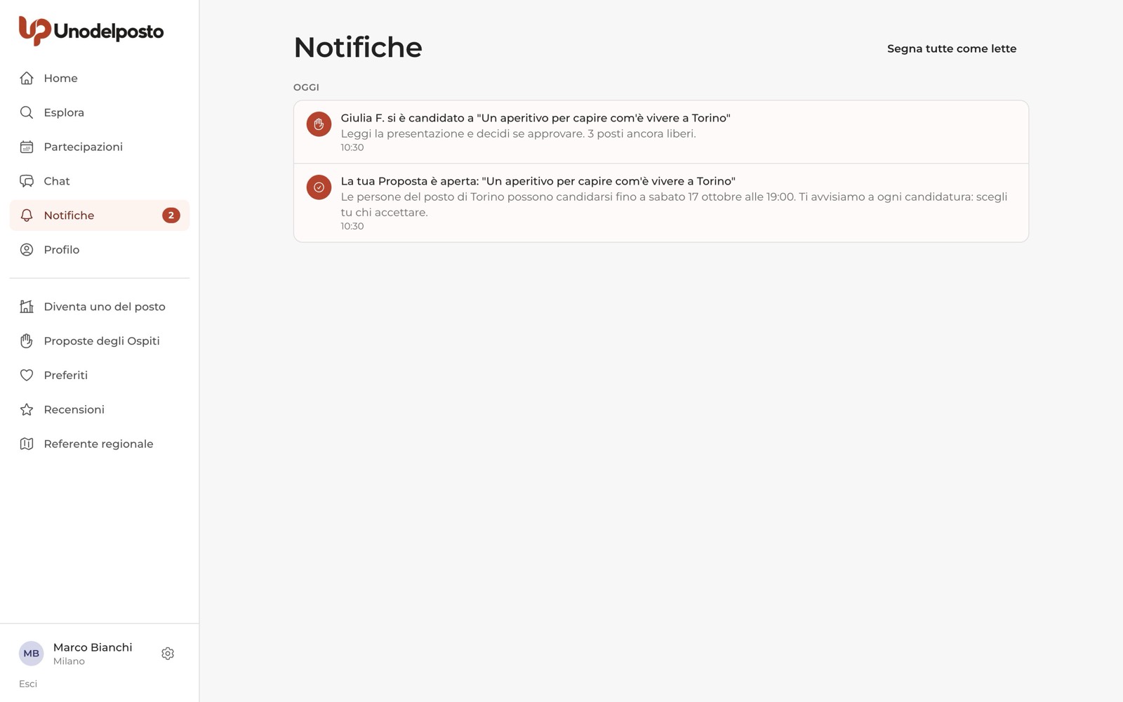 La pagina Notifiche: gli avvisi non letti hanno il fondo colorato.