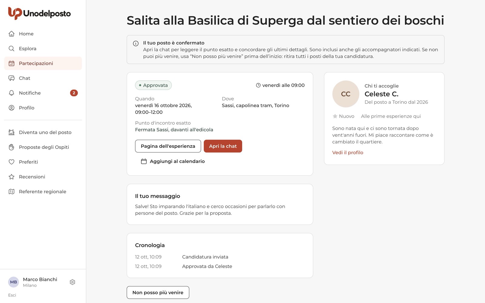 Posto confermato: punto d'incontro esatto, chat e calendario.