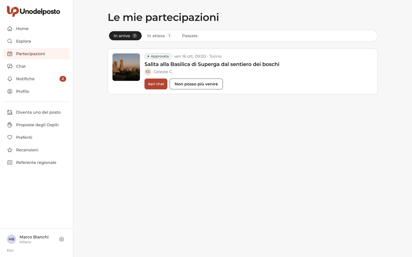 Le mie partecipazioni: un incontro approvato nella scheda "In arrivo".
