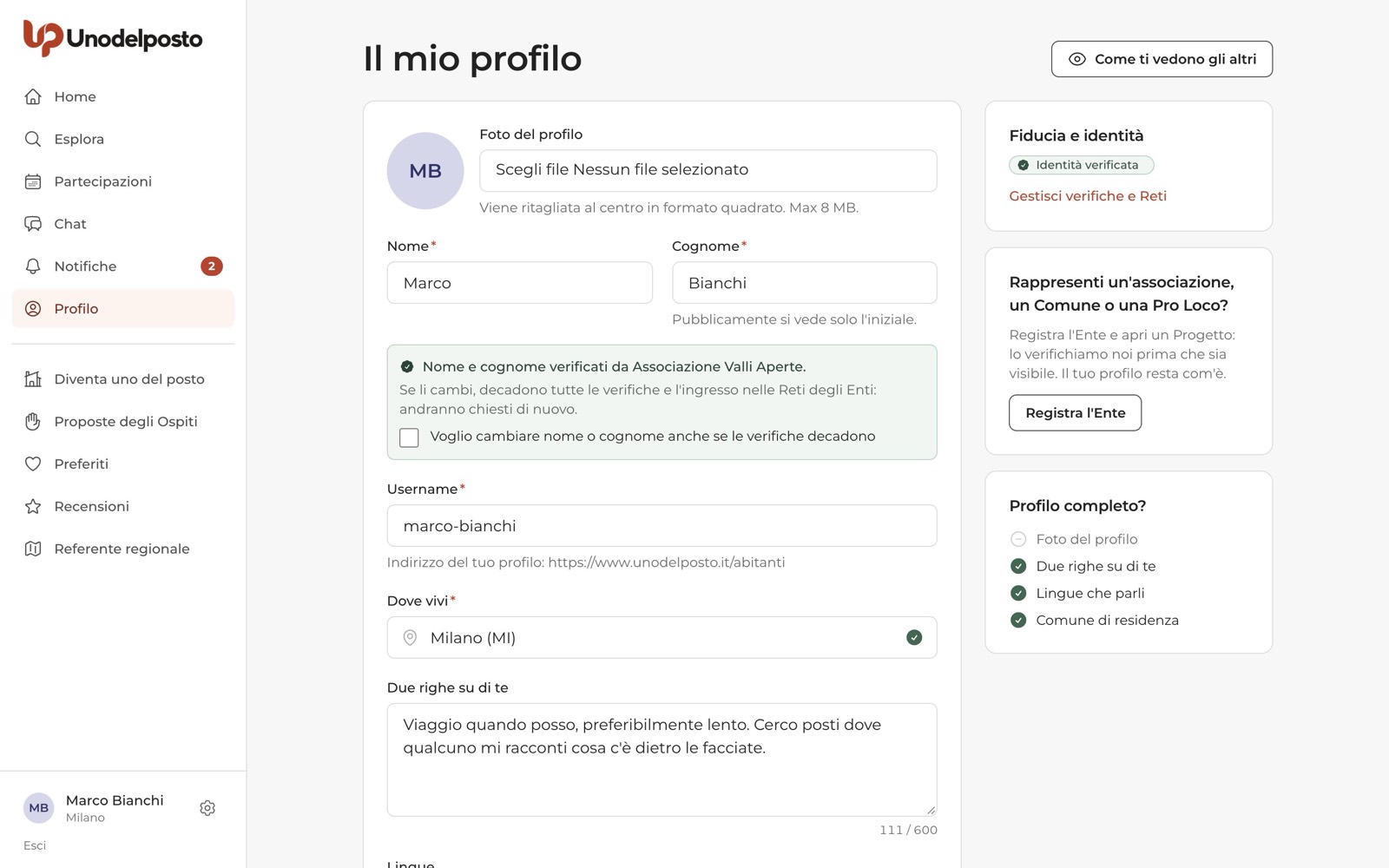 «Il mio profilo»: a destra la lista «Profilo completo?» ti dice cosa manca.