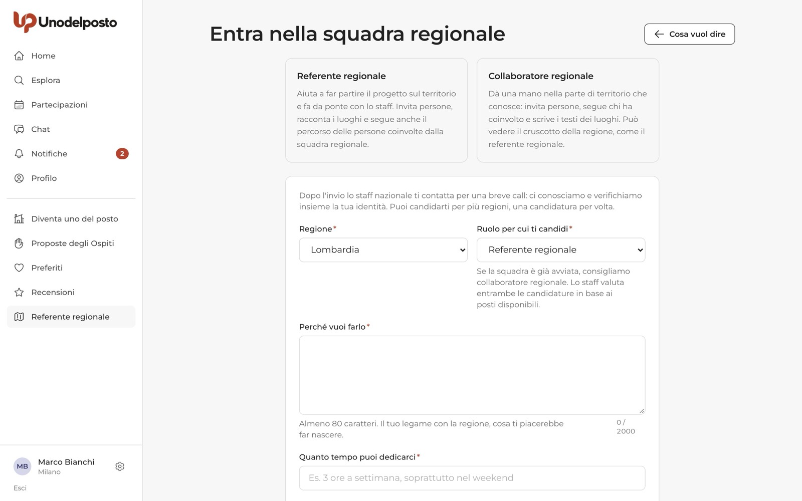 Il modulo «Entra nella squadra regionale».