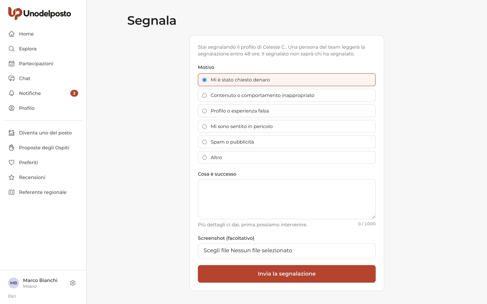 La pagina Segnala: un motivo, due righe e, se vuoi, uno screenshot.