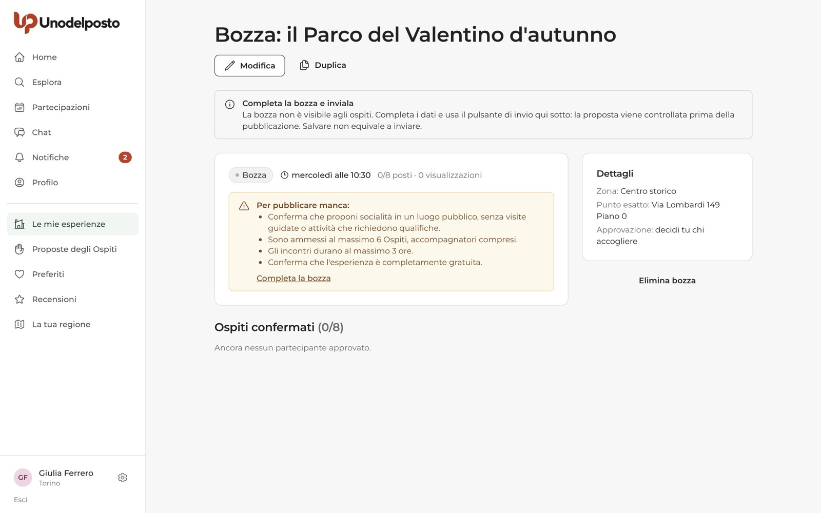 Una bozza incompleta: il riquadro giallo dice cosa manca prima dell'invio.