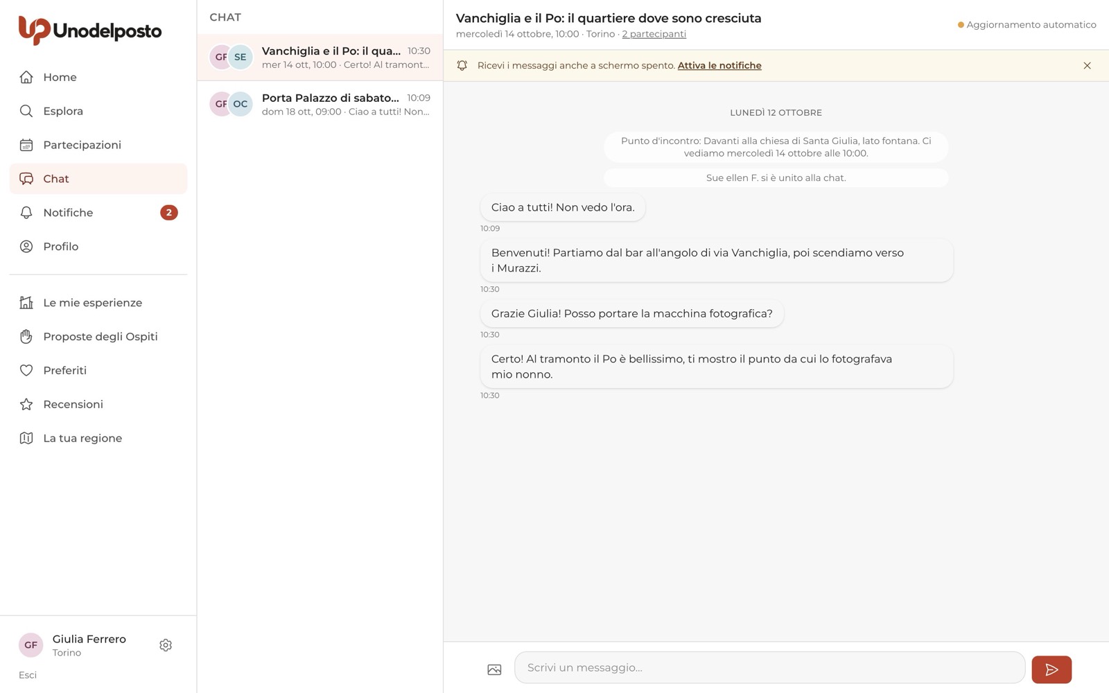 La chat vista da chi accoglie: a sinistra l'elenco delle tue chat, una per esperienza.