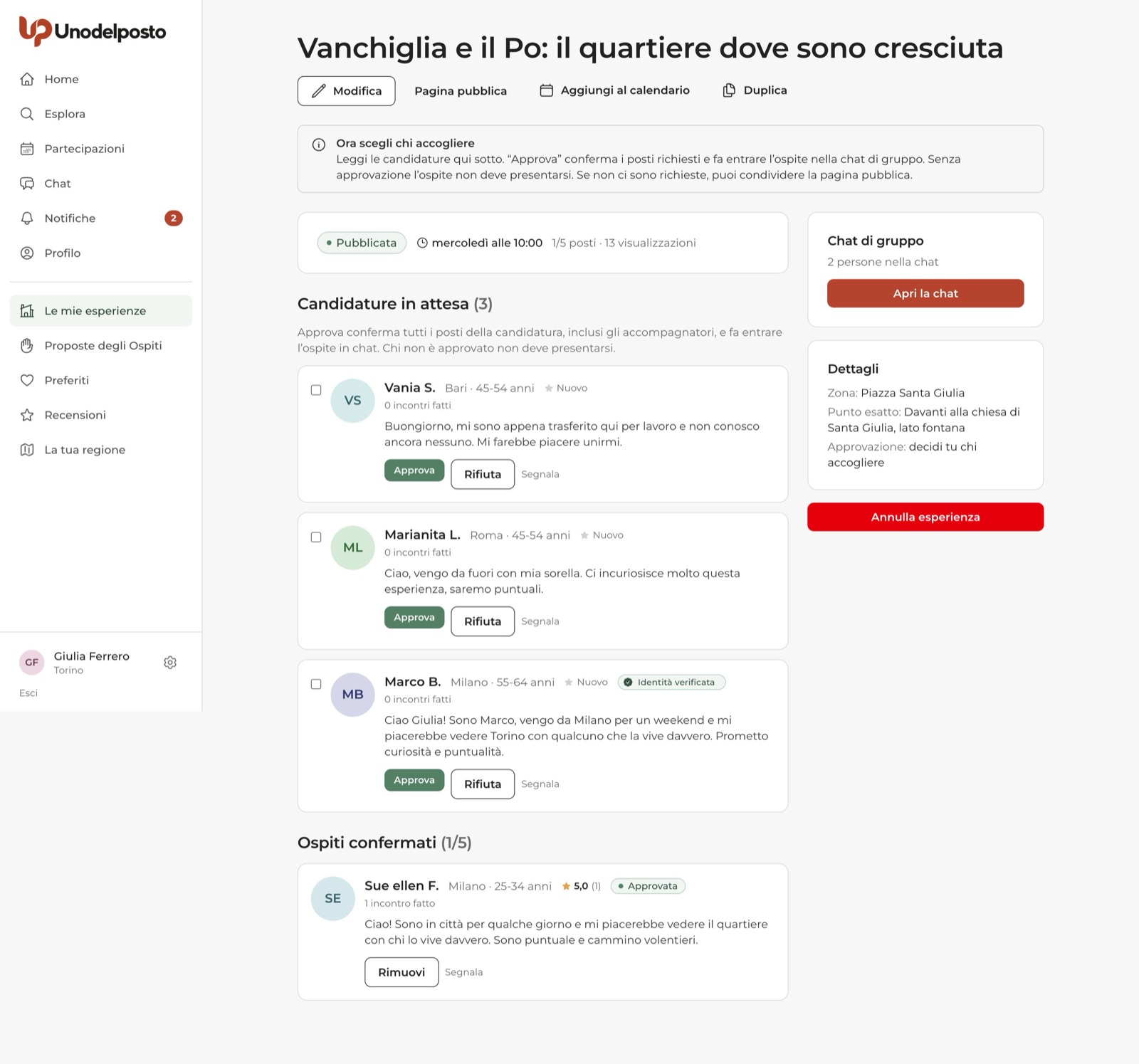 La pagina Gestisci: candidature in attesa, Ospiti confermati, chat e dettagli.