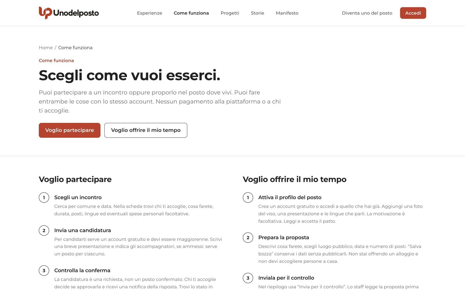 La pagina pubblica «Come funziona» riassume le due strade: partecipare e offrire il tuo tempo.
