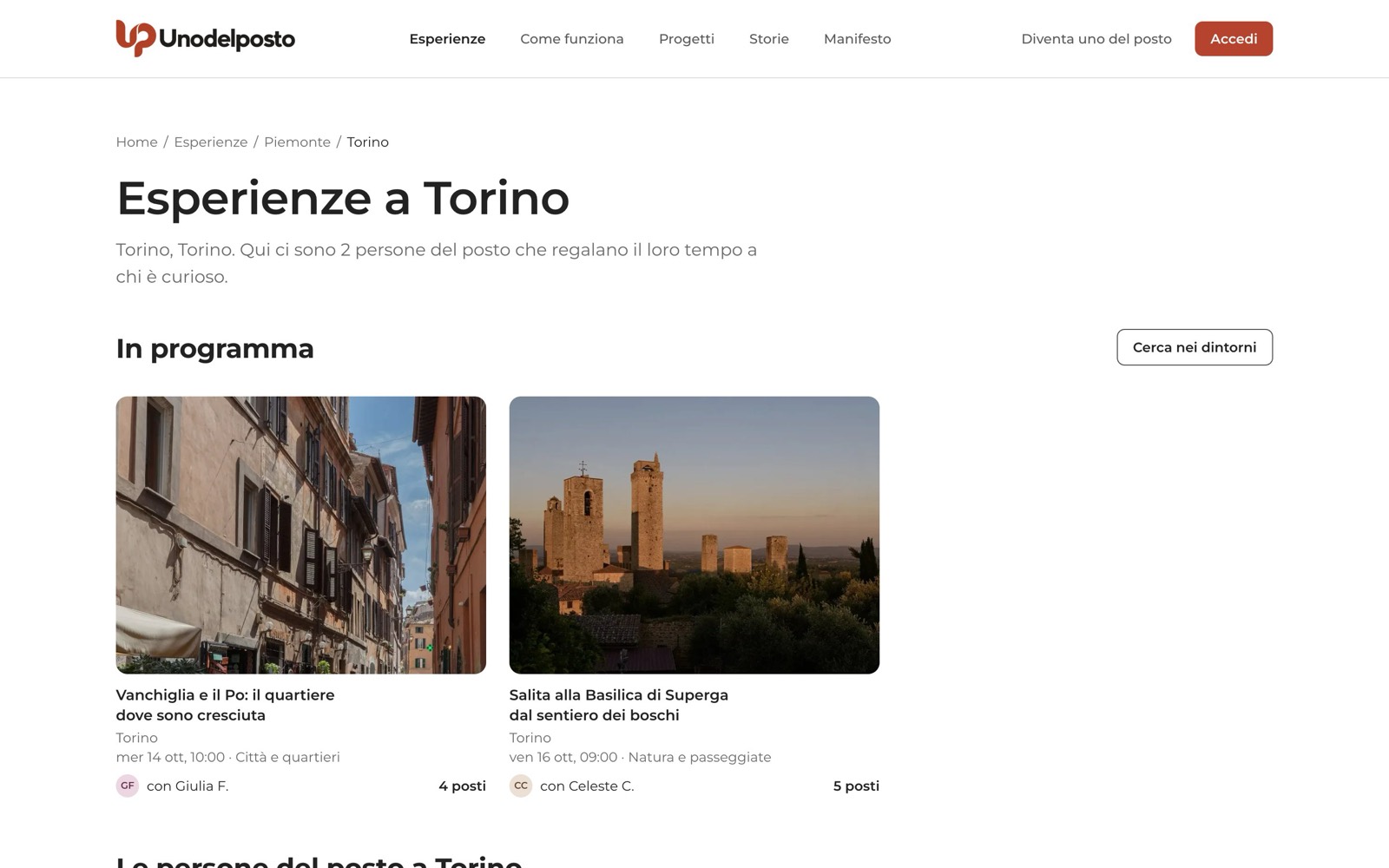 La pagina di un comune: esperienze in programma e "Cerca nei dintorni".