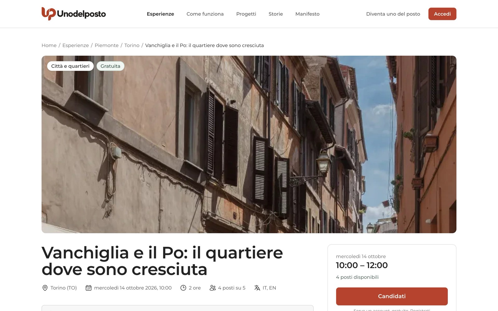 La parte alta della scheda, con il pulsante "Candidati".