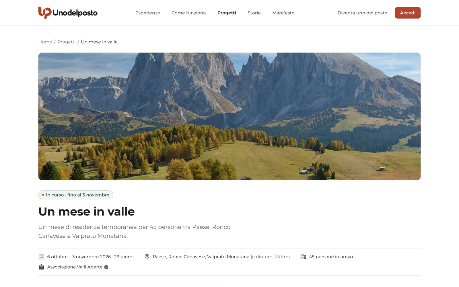La pagina pubblica del Progetto: un riquadro per chi vive qui, uno per i partecipanti.