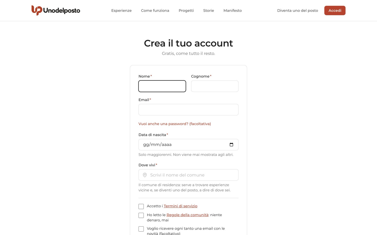 Il modulo «Crea il tuo account»: bastano un minuto e un comune.