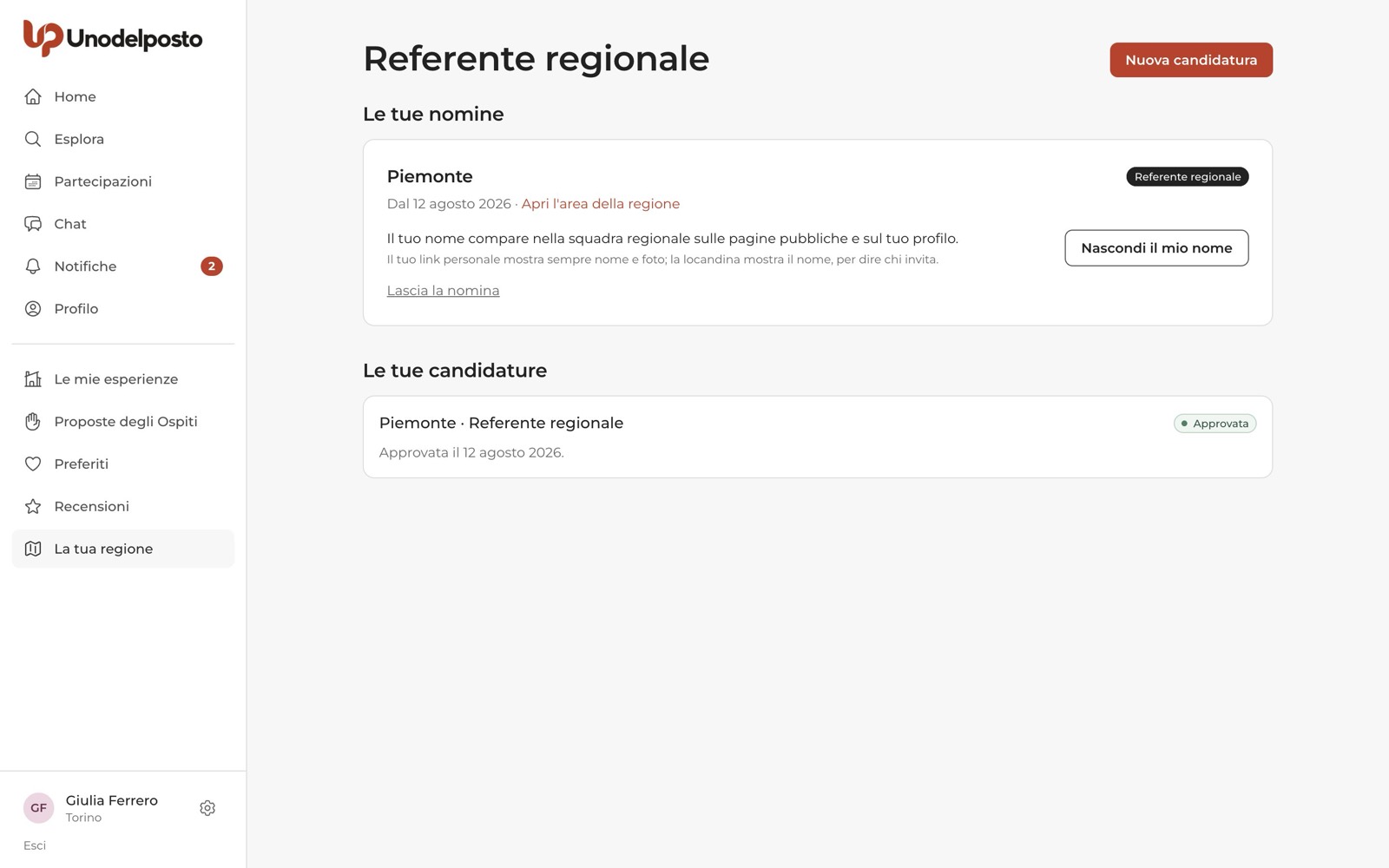 Nomine e candidature nell'area personale.