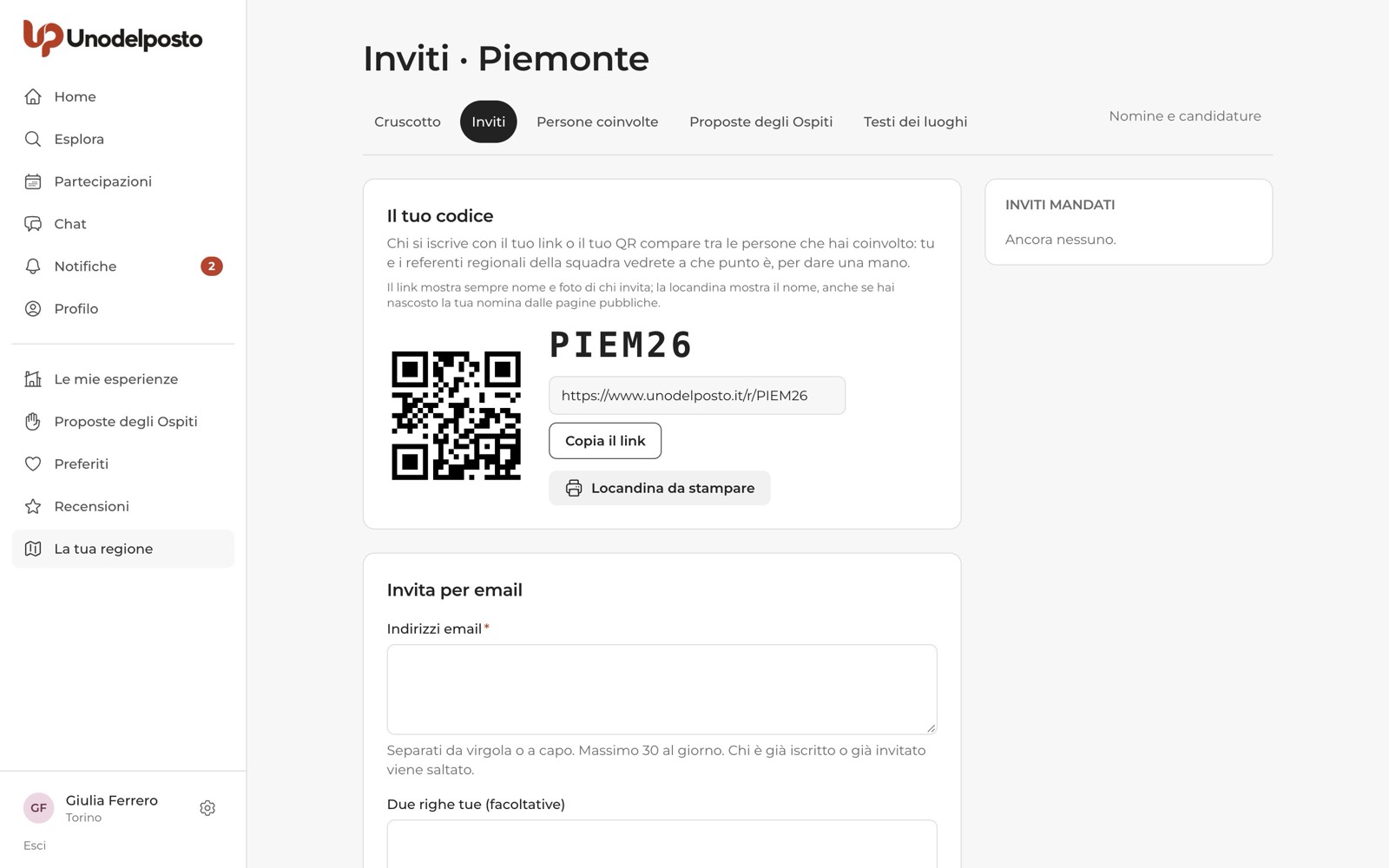 Il tuo codice, il QR, il link e gli inviti per email.