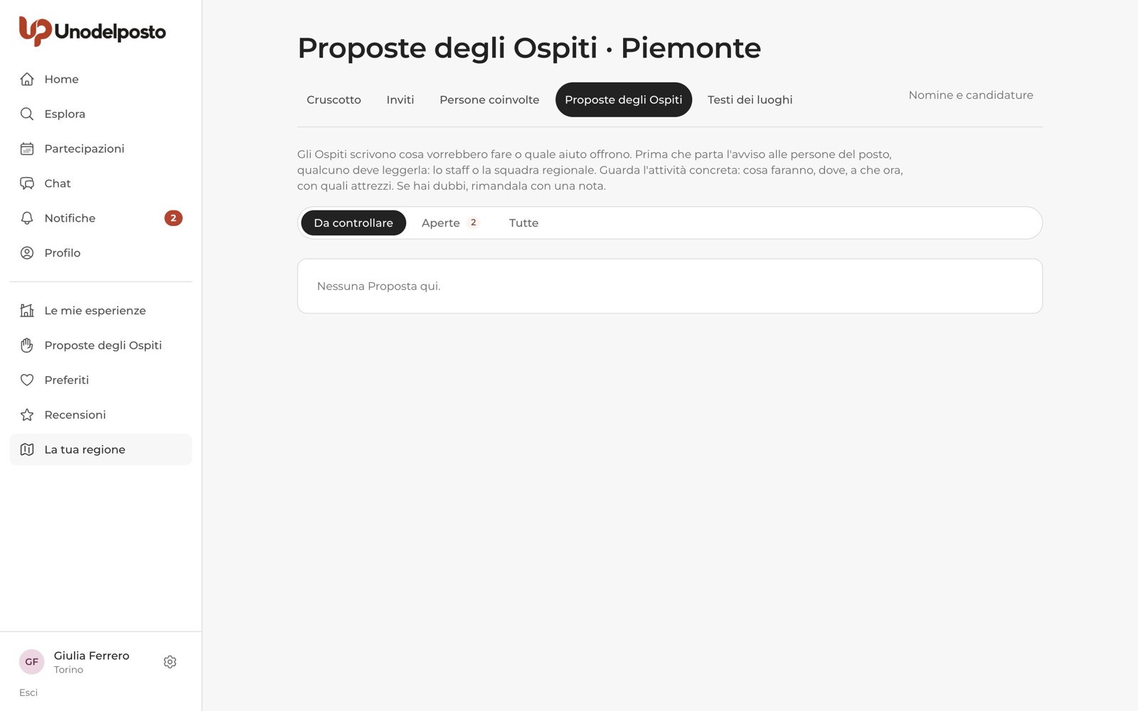 Le Proposte della regione, con le viste «Da controllare», «Aperte» e «Tutte».