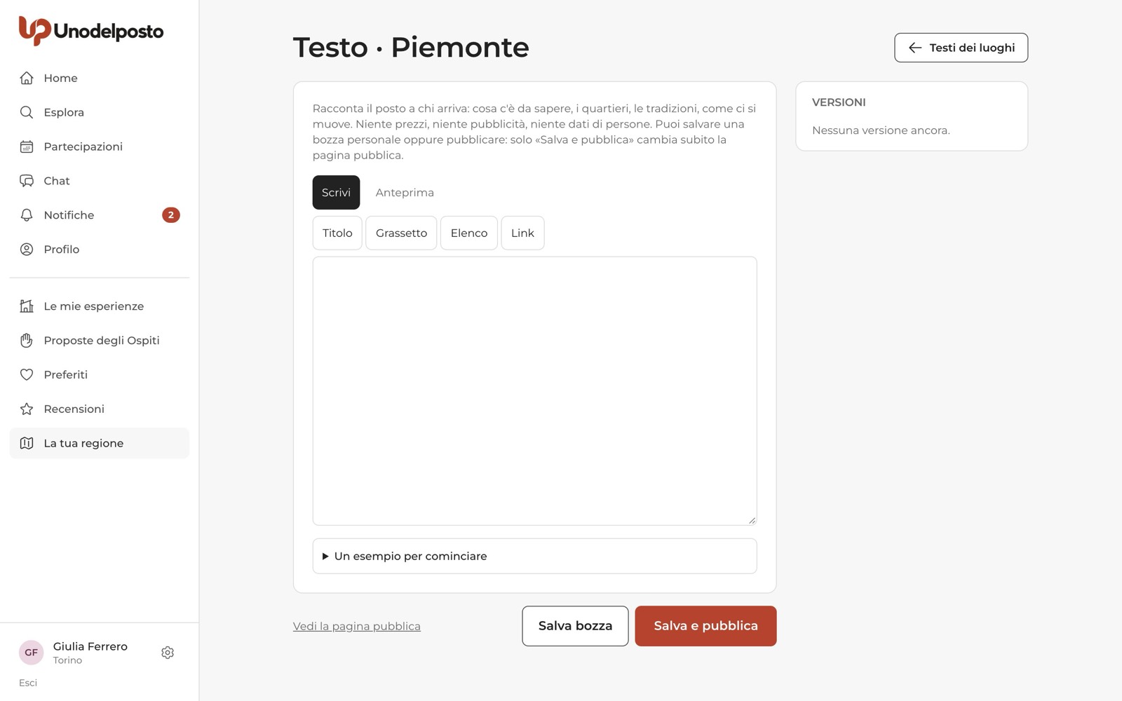 L'editor del testo, con bozza, pubblicazione e versioni.